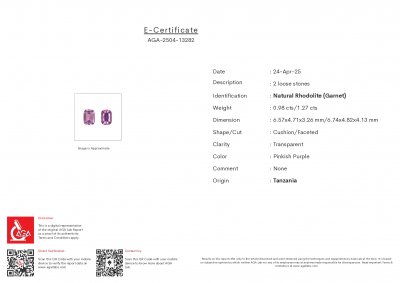 Certificate Pair of rhodolite garnets  cushion cut 2.25 carats, Tanzania