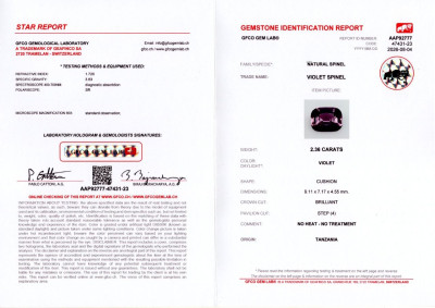 Certificate Violet spinel cushion cut 2.36 carats, Tanzania