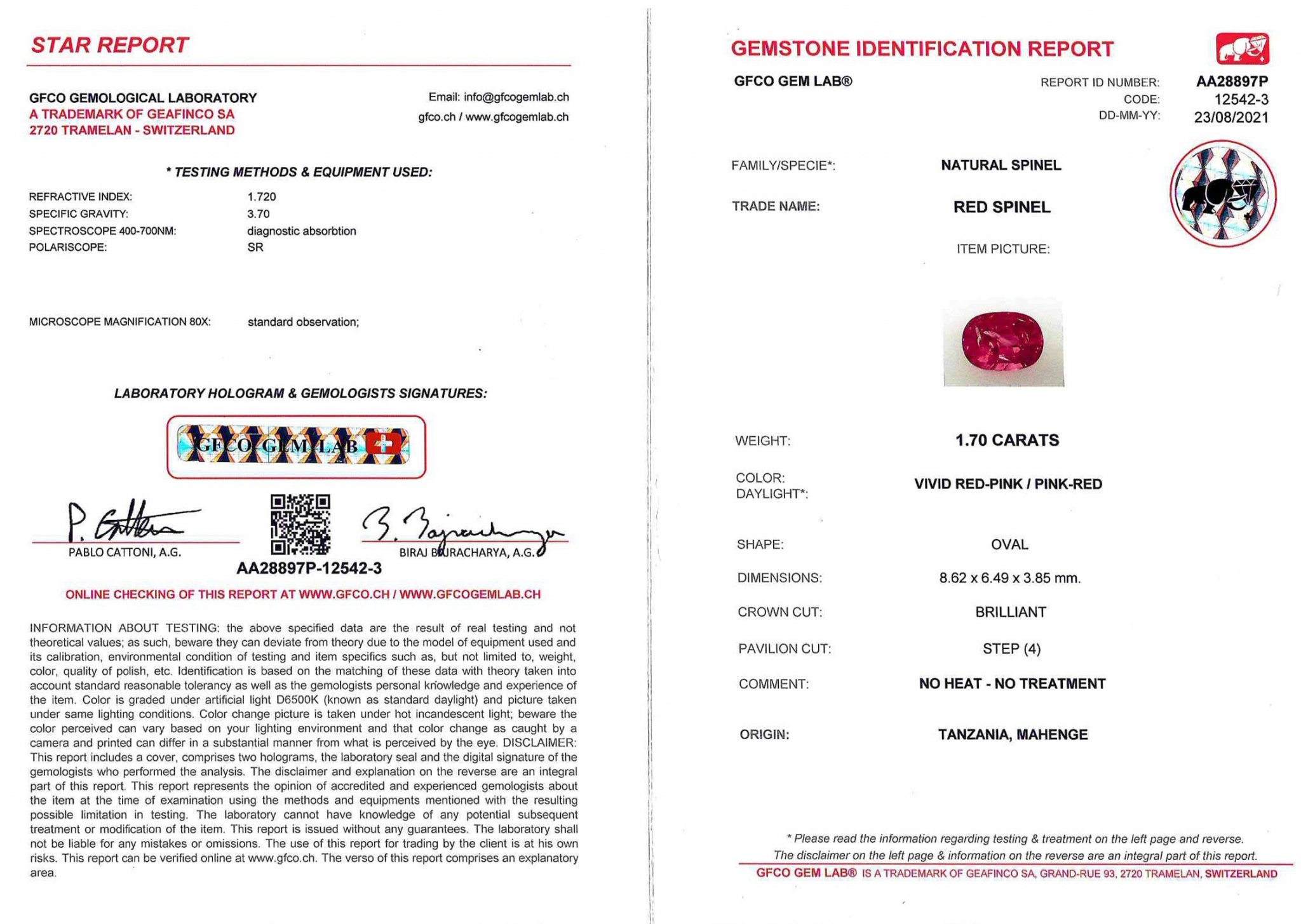 Bright pinkish red spinel Mahenge 1.70 ct, GFCO Image №5