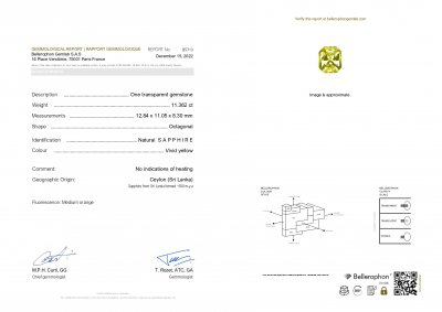 Certificate Unique untreated golden color sapphire in radiant cut 11.36 ct, Sri Lanka