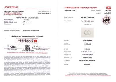Certificate White sapphire 1.34 ct in radiant cut, Sri Lanka