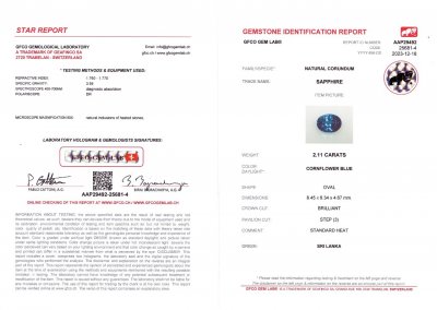 Certificate Cornflower blue sapphire 2.11 ct in oval cut, Sri Lanka
