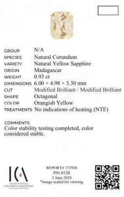 Certificate Untreated pastel yellow sapphire in radiant cut 0.93 carats, Madagascar