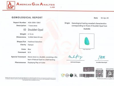 Certificate Doublet opal cabochon cut 4.14 carats, Australia