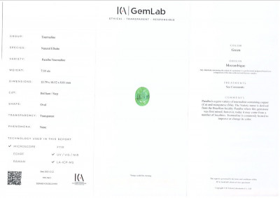 Certificate Neon green Paraiba tourmaline in oval cut 7.55 carats, Mozambique
